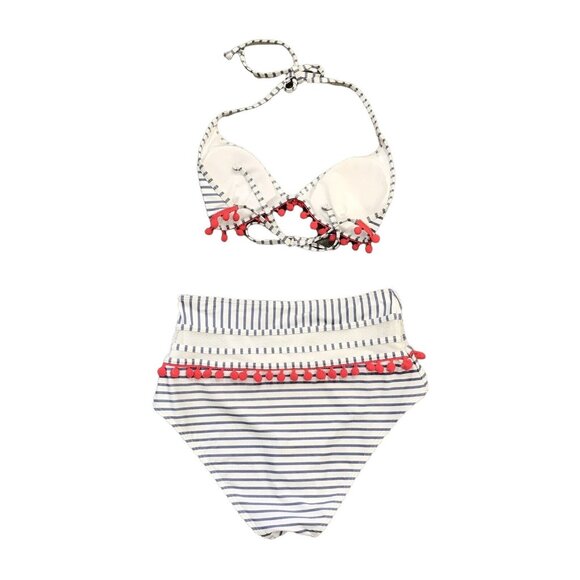 Coco Ship 10 High Waisted String Bikini Swimsuit Gray White Striped Pink Pom Pom - Picture 2 of 15